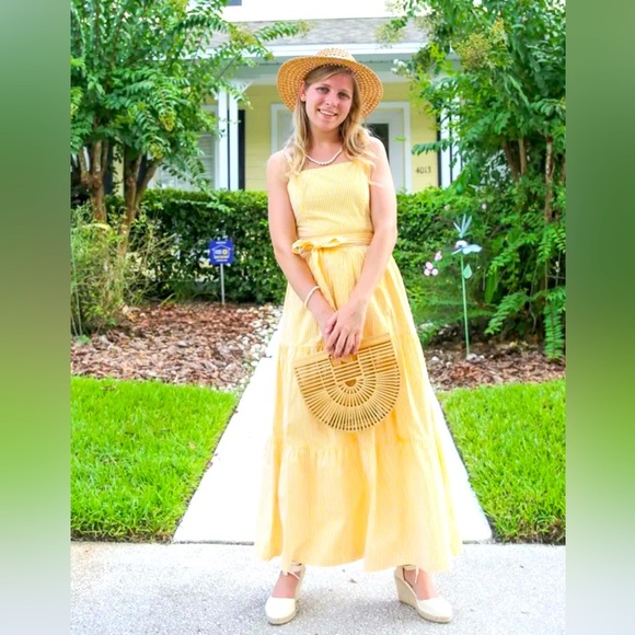 English Factory Sunny Yellow Striped Spaghetti
Straps Tiered Maxi Dress Size M - Picture 1 of 14